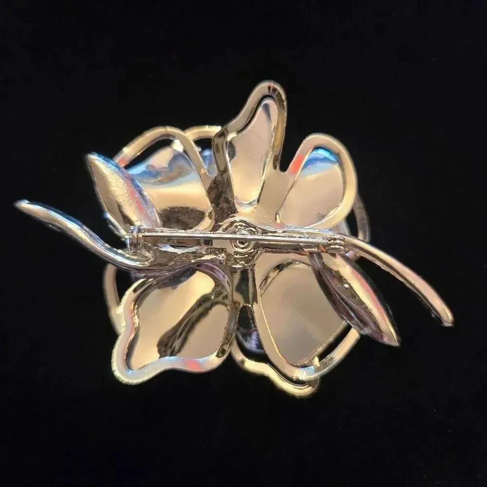 Vintage Silver Tone Flower Brooch Pin With Aurora Boreallis Center